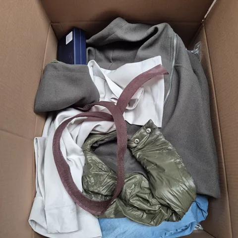 LARGE BOX OF APPROXIMATELY 20 ASSORTED CLOTHING ITEMS IN VARIOUS SIZES, STYLES AND COLOUR
