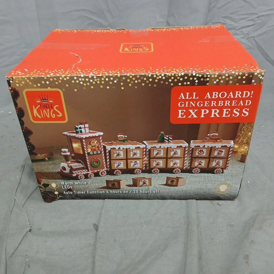 THREE KINGS GINGERBREAD EXPRESS ADVENT TRAIN WITH WARM WHITE LED LIGHTS