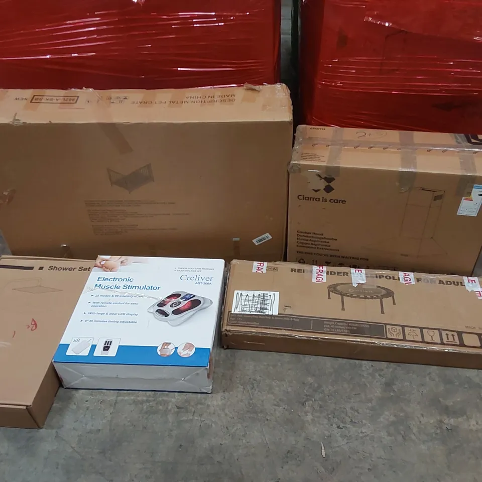 PALLET OF ASSORTED CONSUMER PRODUCTS TO INCLUDE: COOKER HOOD, METAL PET CRATE, SHOWER SET, SMALL TRAMPOLINE, ELECRONIC MUSCLE STIMULATOR ECT