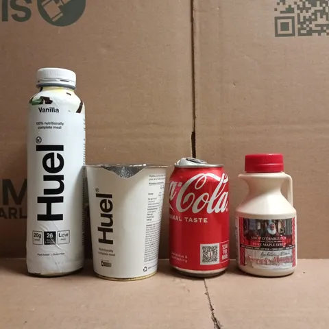 APPROXIMATELY 10 ASSORTED FOOD AND DRINK ITEMS TO INCLUDE COCA-COLA, HUEL, ETC