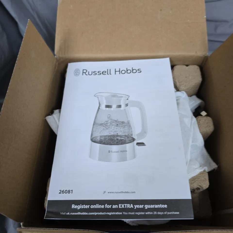 RUSSELL HOBBS GLASS KETTLE – MODEL 26081 – BOXED