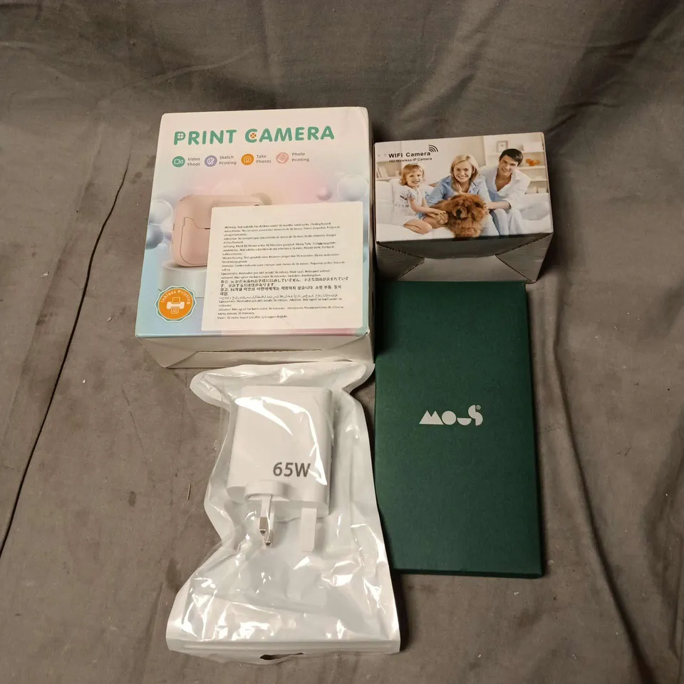 APPROXIMATELY 12 ASSORTED ELECTRICAL ITEMS TO INCLUDE PRINT CAMERA, WIFE CAMERA, PHONE COVER, PHONE ADAPTER ETC