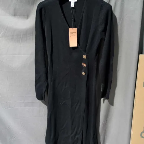 STYLE CHEAT WOMEN'S BLACK KNIT CARDIGAN, WRAP-STYLE WITH DECORATIVE BUTTONS – UK 14