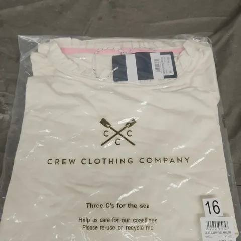 CREW CLOTHING COMPANY SHORT SLEEVE FRILL NECK T-SHIRT – WHITE, UK SIZE 16