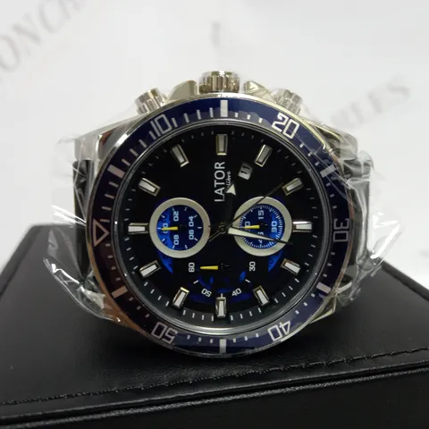 LATOR CALIBRE BLUE & YELLOW DIAL LEATHER STRAP WATCH