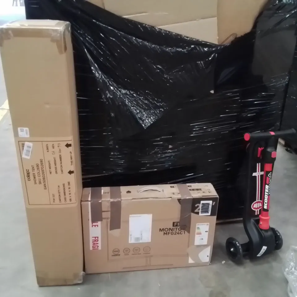 PALLET OF ASSORTED HOUSEHOLD GOODS AND PRODUCTS TO INCLUDE;SCOOTER,MONITOR,SHOWER TENT
