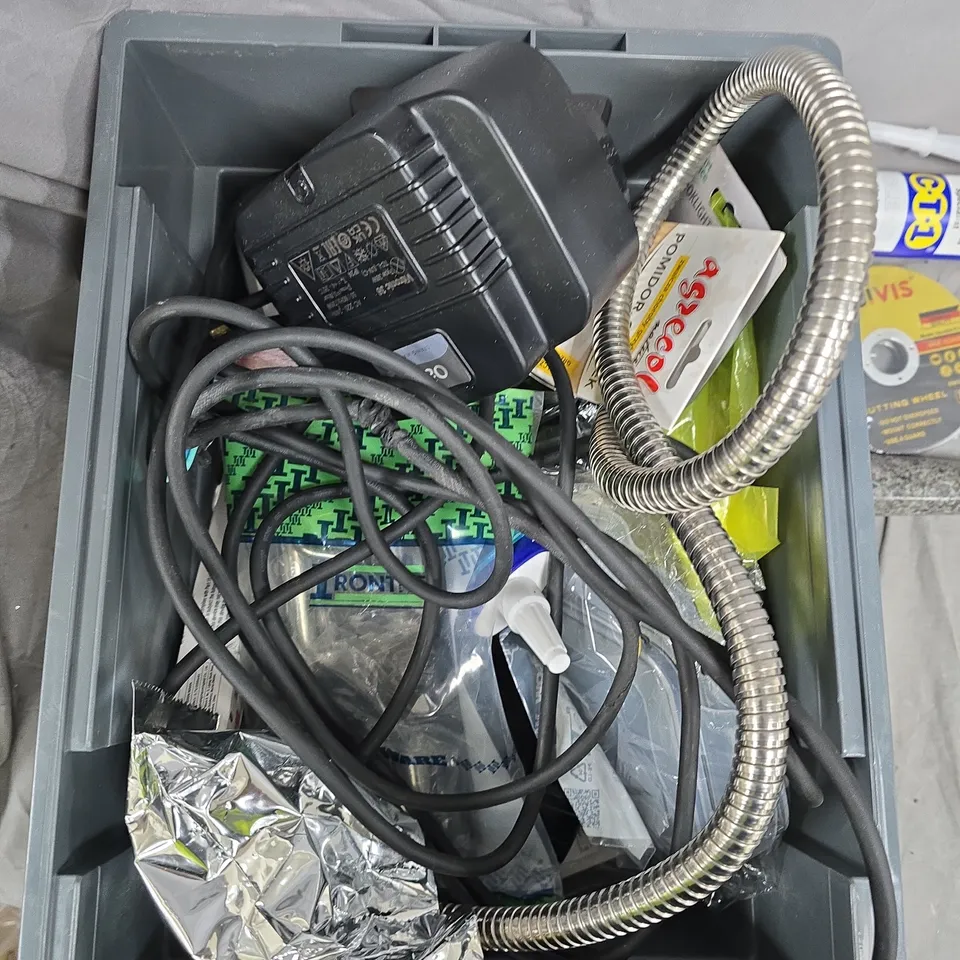 BOX OF APPROXIMATELY 20 HOUSEHOLD ITEMS INCLUDING:CONSTRUCTION ADHESIVE, CUTTING WHEELS AND PESTLE