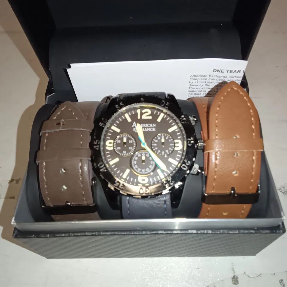 BOXED AMERICAN EXCHANGE WATCH WITH REPLACEABLE STRAPS