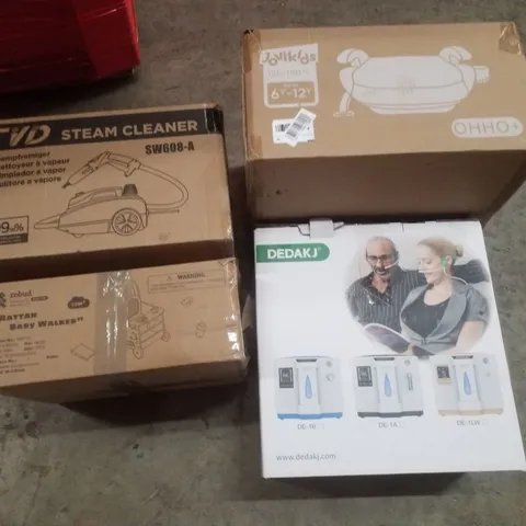 PALLET CONTAINING ASSORTED PRODUCTS INCLUDING OXYGEN CONCENTRATOR, RATTAN BABY WALKER, STEAM CLEANER & BOOSTER SEAT