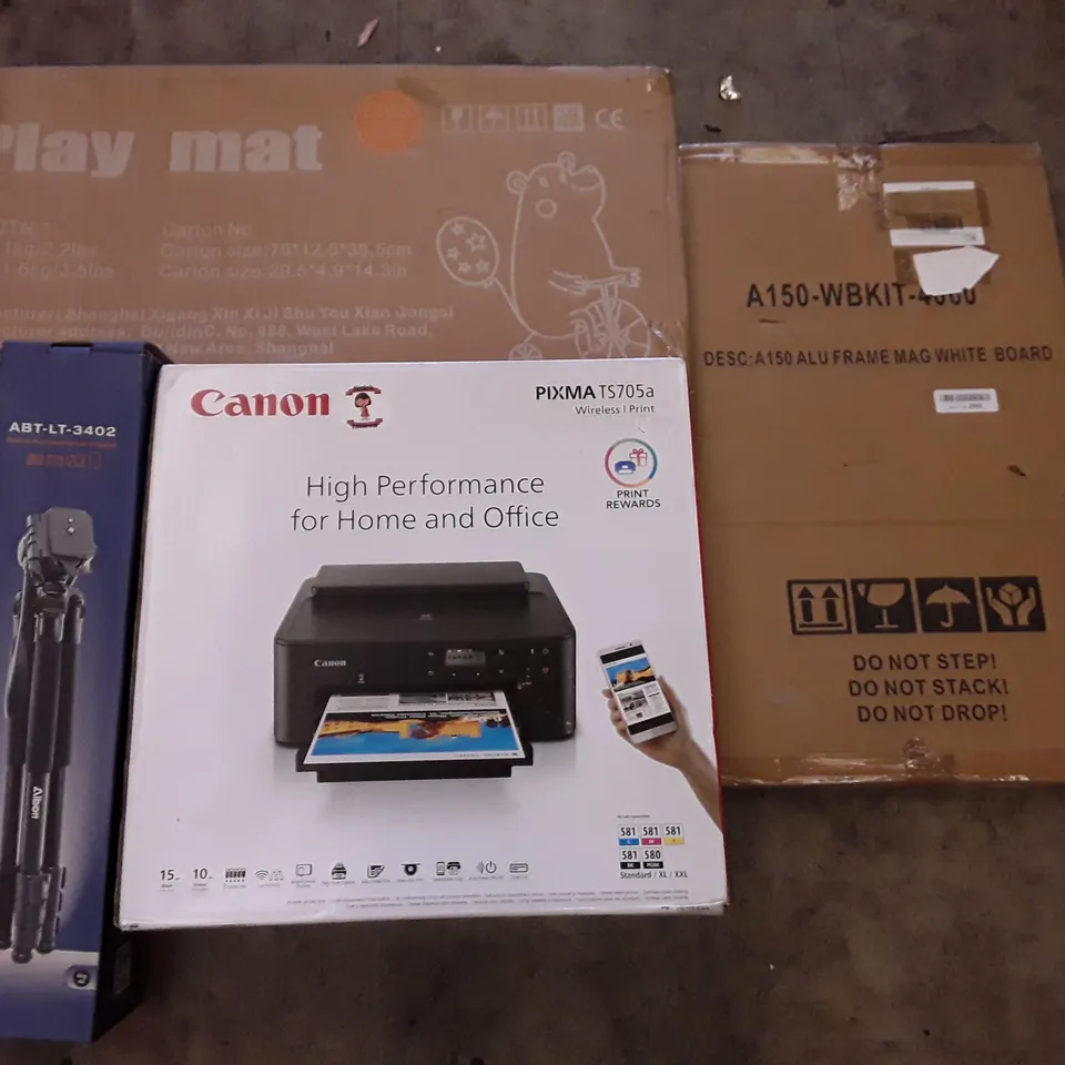 PALLET OF ASSORTED PRODUCTS INCLUDING KIDS PLAY MAT, ALUMINIUM FRAME MAGNETIC WHITEBOARD, CANON PIXMA PRINTER, SEMI-PROFESSIONAL TRIPOD