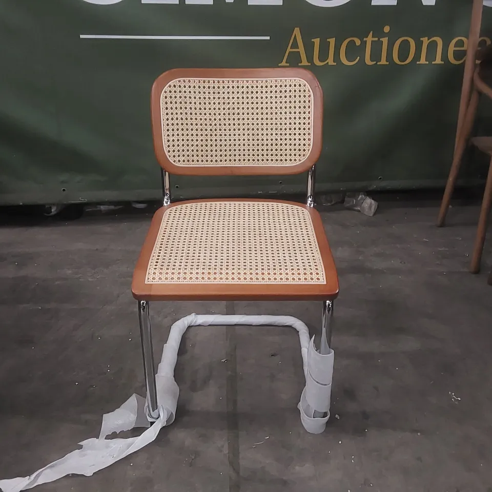 DESIGNER CESCA INSPIRED DINING CHAIR - BROWN & NATURAL RATTAN CANE SEAT - CHROME FRAME