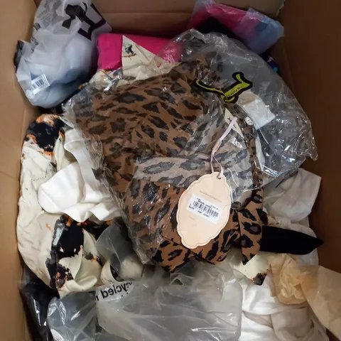 BOX OF ASSORTED CLOTHING ITEMS TOO INCLUDE DRESSES , SHIRTS AND TROUSERS IN VARIOUS SIZES AND COLOURS