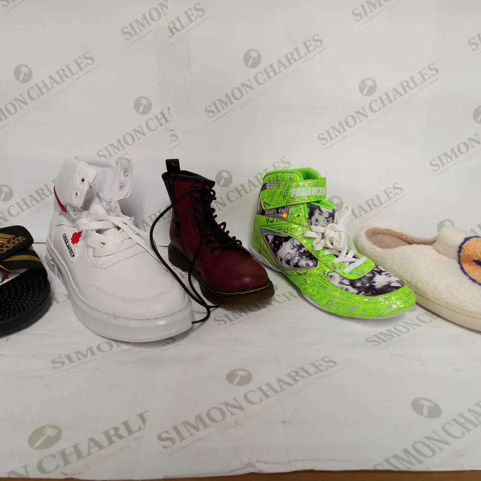 BOX OF APPROX 15 ASSORTED SHOES TO INCLUDE - ADIDAS WET SLIDER - DSQUARED WHITE BOOT - VERSAOE JEANS LIME GREEN TRAINERS ECT