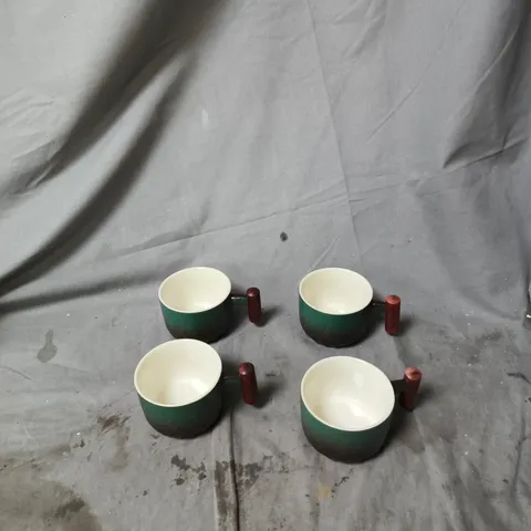 SET OF 4 GREEN-GLAZED CERAMIC CUPS WITH BROWN HANDLES