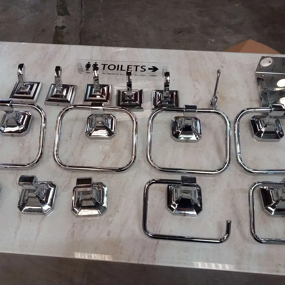 LARGE QUANTITY OF ASSORTED CHROME BATHROOM ACCESSORIES AND FITTINGS TO INCLUDE; THREE SHATAFFS, FOUR TOWEL HOLDERS, SOAP HOLDER, TAP, FIVE COAT HOOKS, TOILET SIGN AND THREE TOILET ROLL HOLDERS 