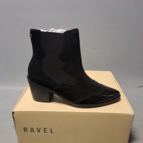 BOXED RAVEL ESK BLACK SUEDE WEDGE BOOTS - UK 6 