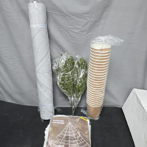 BOX OF APPROXIMATELY 15 ASSORTED HOUSEHOLD ITEMS TO INCLUDE PAPER CUPS, GIANT SPIDER WEB DECORATION AND SELF ADHESIVE WALL STICKER