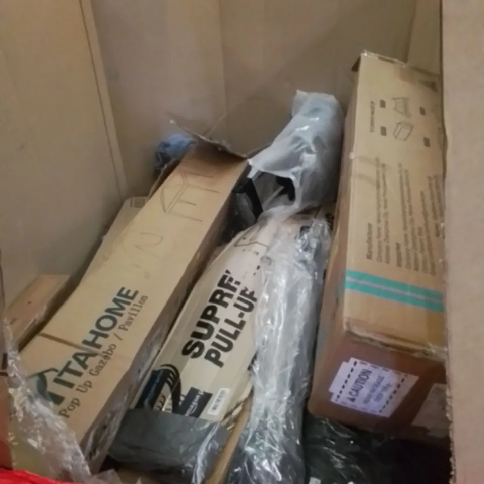 PALLET CONTAINING ASSORTED HOUSEHOLD PRODUCTS. INCLUDES PULL-UP BARS, MATTRESS PROTECTOR, POP-UP GAZEBO, BLUE LIGHT SCREEN PROTECTORS ETC 