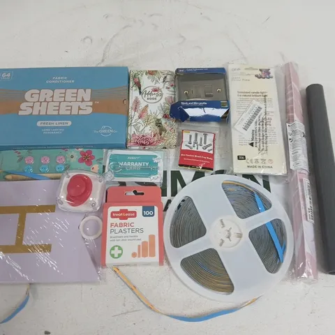 LOT OF ASSORTED HOUSEHOLD ITEMS TO INCLUDE FABRIC SHEETS, STRIP LIGHT AND FABRIC PLASTERS