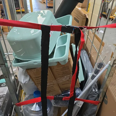 CAGE OF ASSORTED ITEMS TO INCLUDE - LEAF BLOWER PARTS - COAT HANGERS - BLANKETS 
