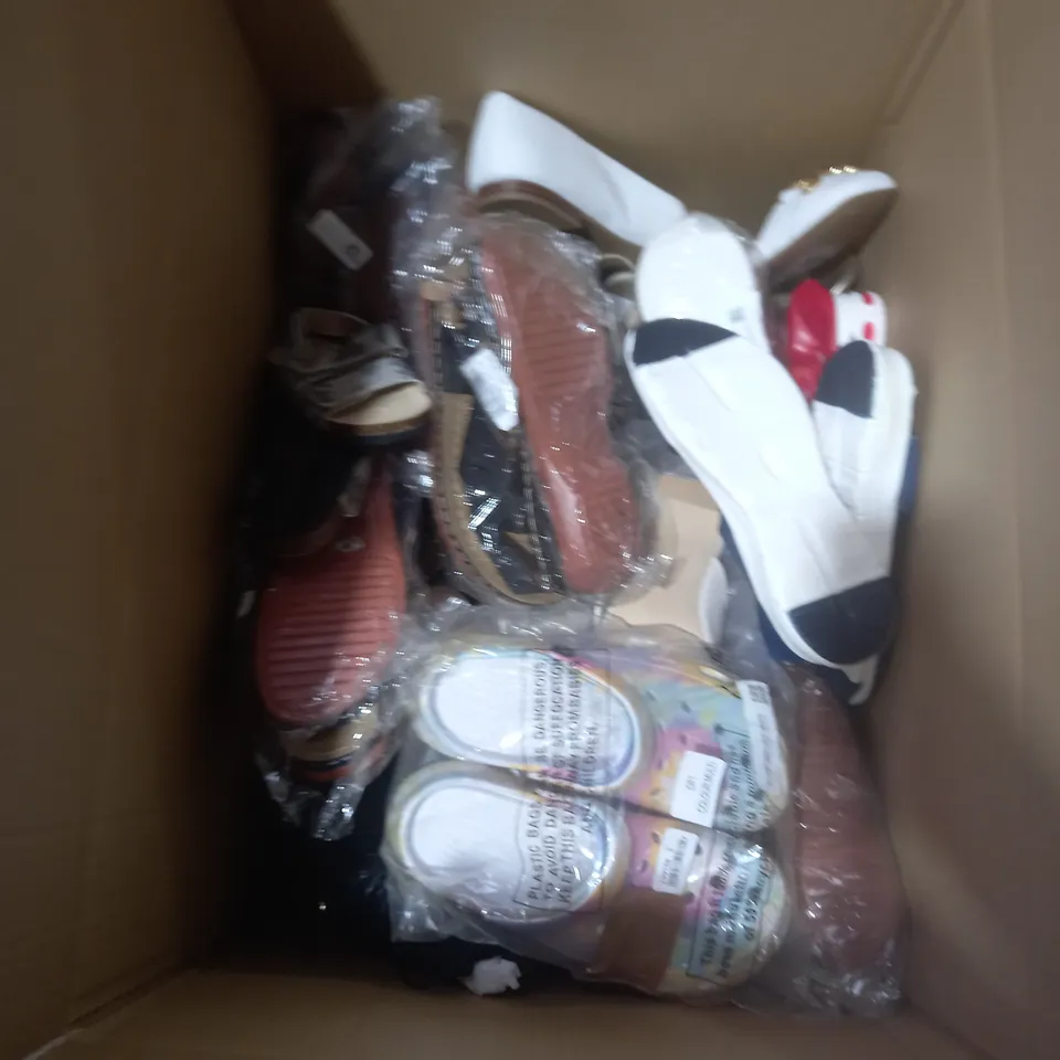 BOX OF APPROXIMATELY 10 ASSORTED PAIRS OF SHOES AND FOOTWEAR ITEMS IN VARIOUS STYLES AND SIZES TO INCLUDE ASOS, PRIMARK ETC