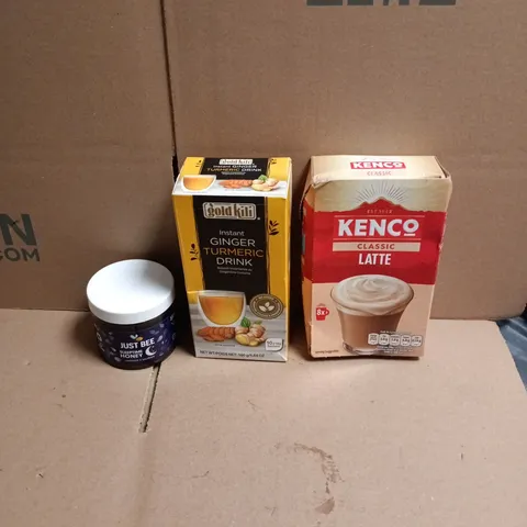 APPROXIMATELY 12 ASSORTED FOOD AND DRINKS ITEMS TO INCLUDE - KENCO LATTE SACHETS, GINGER & TURMERIC TEA, JUST BEE SLEEPTIME HONEY ETC
