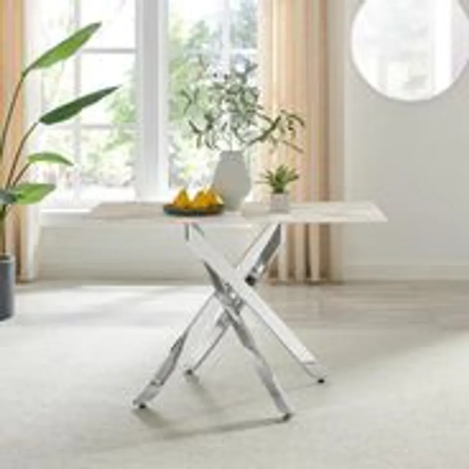 BOXED LEONARDO RECTANGULAR WHITE MARBLE GLASS AND SILVER METAL 4 SEATER DINING (2 BOXES)