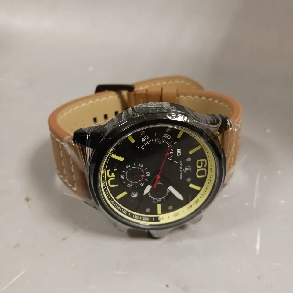 MENS LOUIS LACOMBE CHRONGRAPH WATCH – 3 SUB DIALS – BLACK CASE – LEATHER STRAP