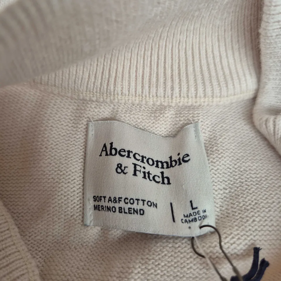 ABERCROMBIE & FITCH KNIT HALF-ZIP SWEATER – CREAM, COTTON-MERINO BLEND, SIZE L