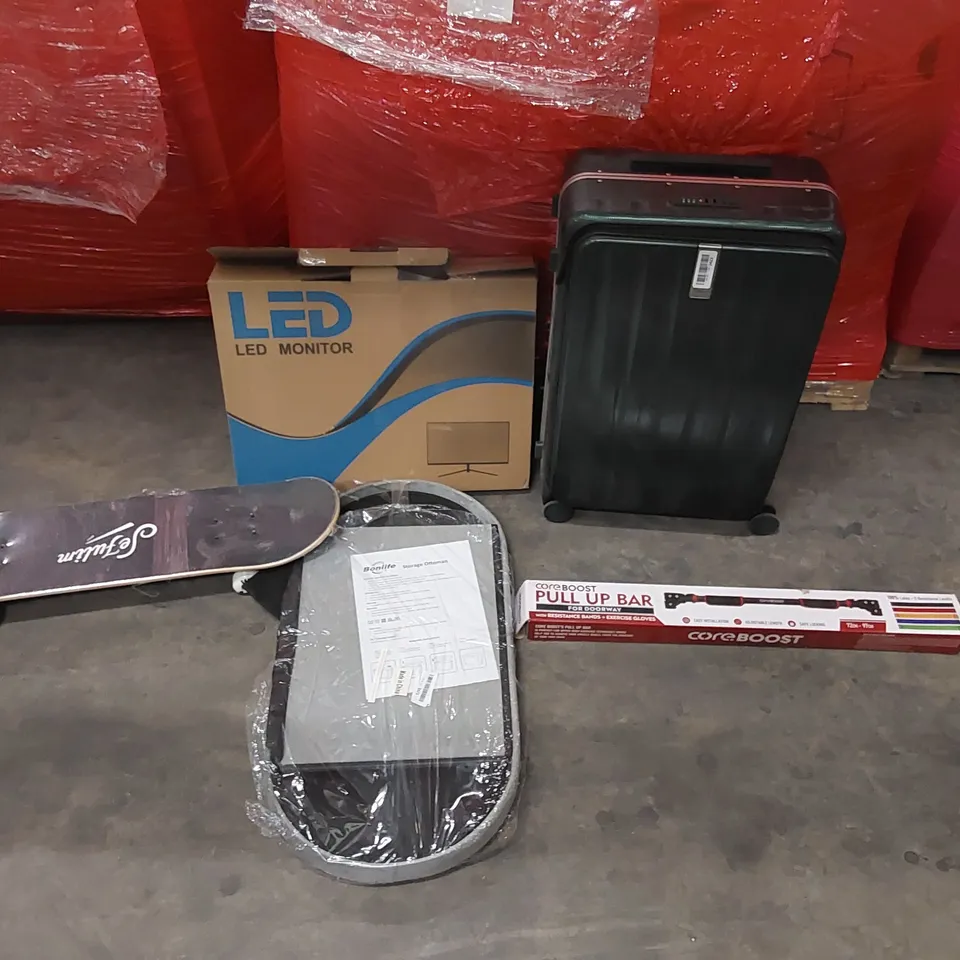 PALLET CONTAINING ASSORTED CONSUMER PRODUCTS TO INCLUDE: LED MONITOR, SUITCASE, PULL UP BAR, STORAGE OTTOMAN, SKATEBOARD ECT