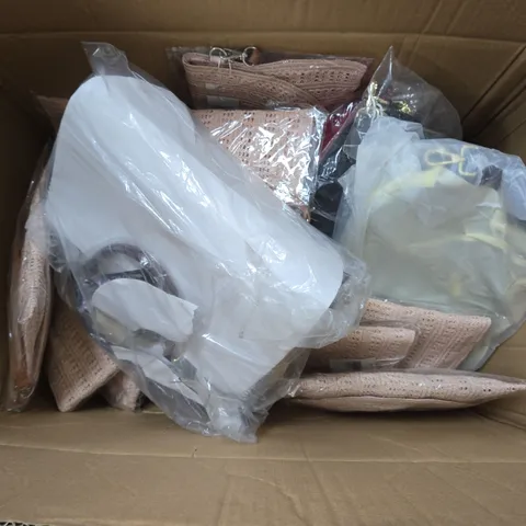 BOXED ASSORTMENT OF ASSORTED ITEMS TO INCLUDE BAGS AND CLOTHING
