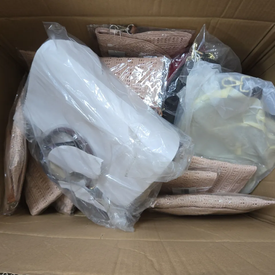 BOXED ASSORTMENT OF ASSORTED ITEMS TO INCLUDE BAGS AND CLOTHING