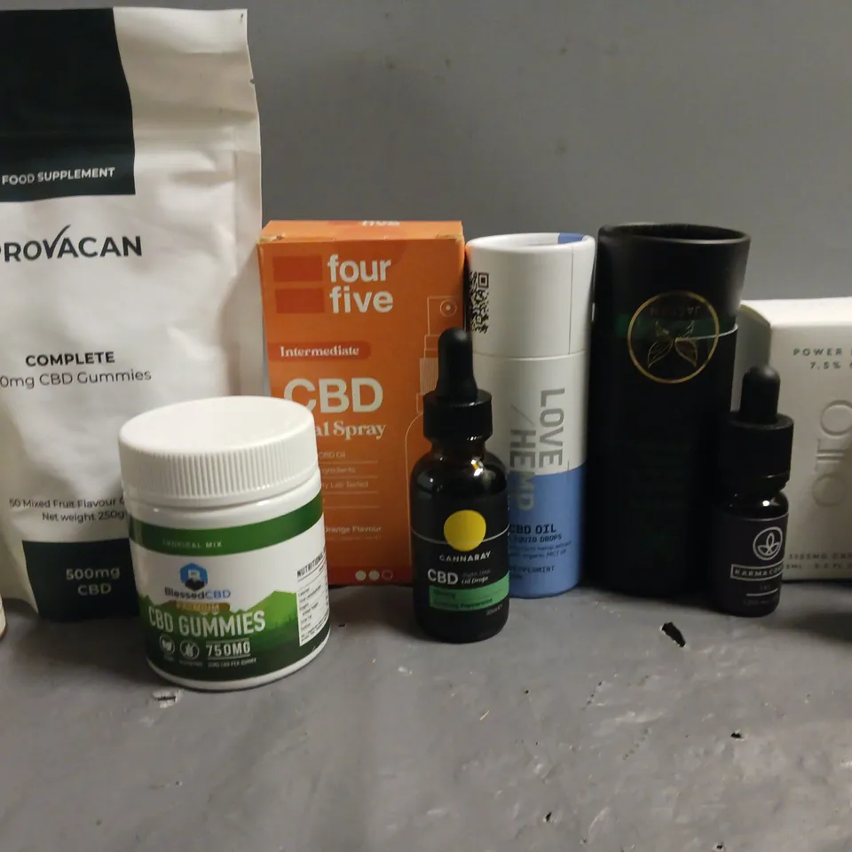 LOT OF APPROXIMATELY 20 ASSORTED CBD ITEMS TO INCLUDE OILS, DROPS, GUMMIES AND BALMS