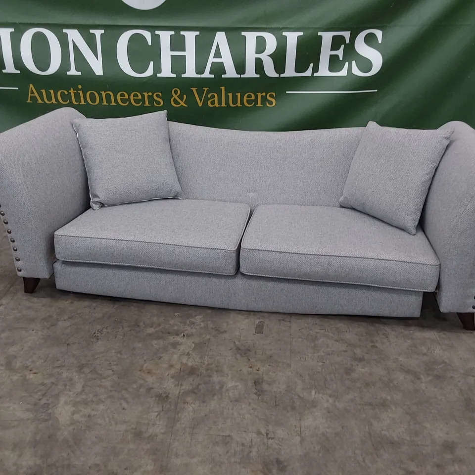 DESIGNER FOUR SEATER SOFA GREY FABRIC WITH STUDDED DETAIL 