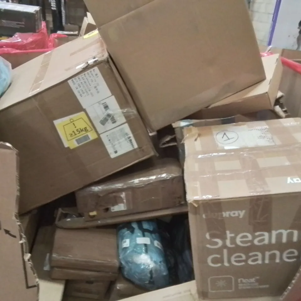 PALLET CONTAINING VARIOUS ASSORTED BOXED HOUSEHOLD ITEMS TO INCLUDE: STEAM CLEANER, CHAIR FLOOR MAT, CAMPING CHAIRS AND LOTS MORE UNMARKED BOXED ITEMS 