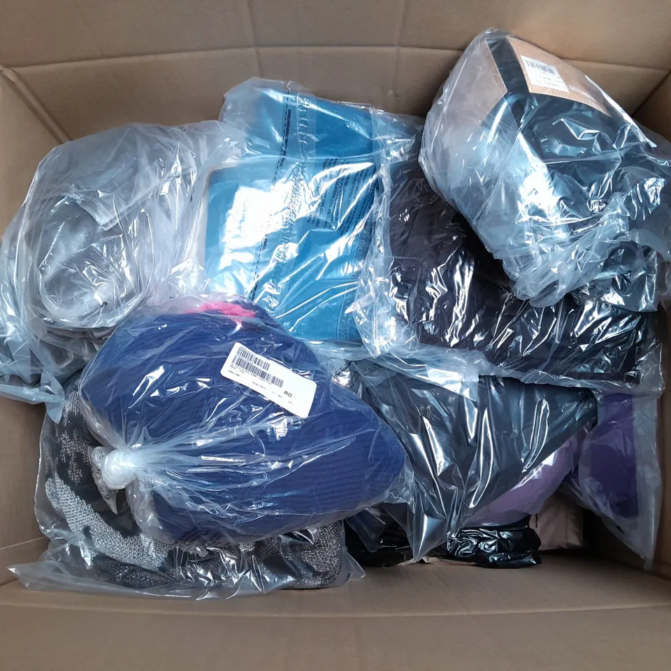 LARGE BOX OF ASSORTED CLOTHING ITEMS IN VARIOUS SIZES AND COLORS