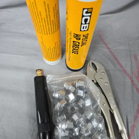 BOX OF ASSORTED ITEMS TO INCLUDE - TOOLS - BOLTS - WHEEL NUTS 