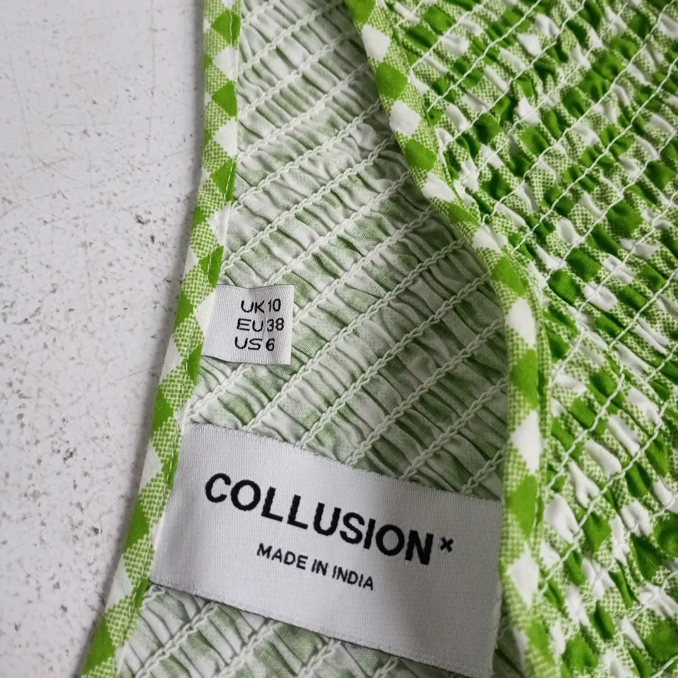 COLLUSION GREEN GINGHAM ONE-SHOULDER SMOCKED DRESS, UK10
