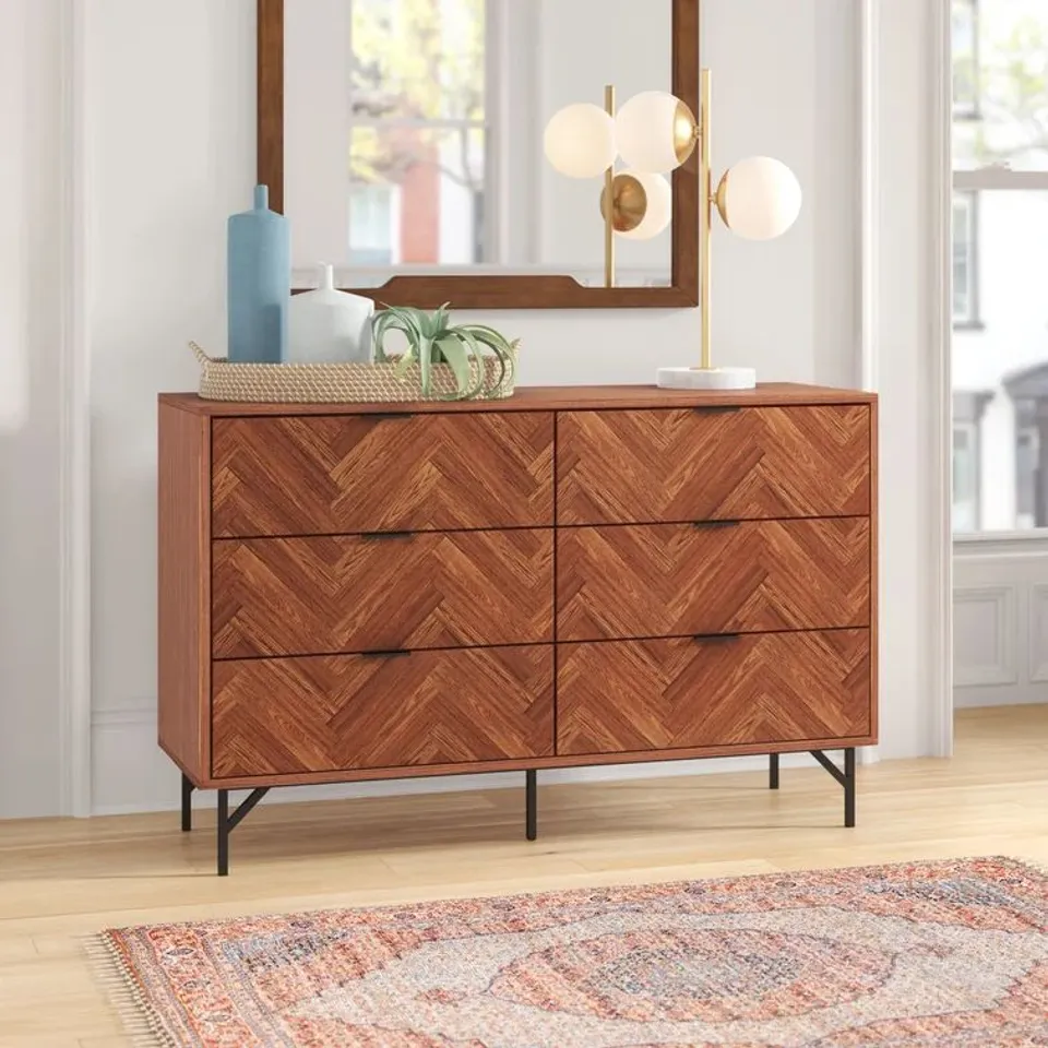 BOXED DESIGNER CORNETTE DARK CHEVRON 6 DRAWER CHEST OF DRAWERS