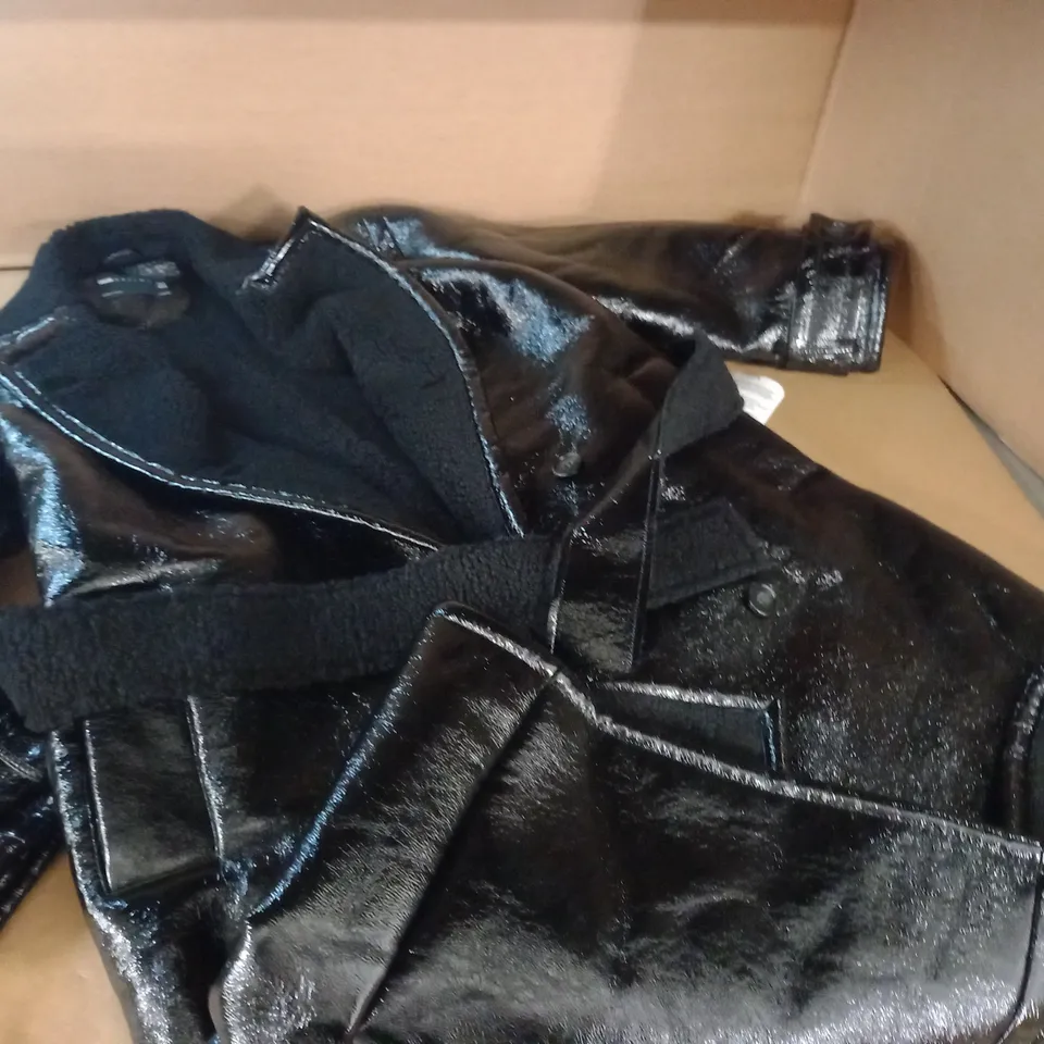 ASOS DESIGN GLOSS BLACK BELTED COAT - UK 8