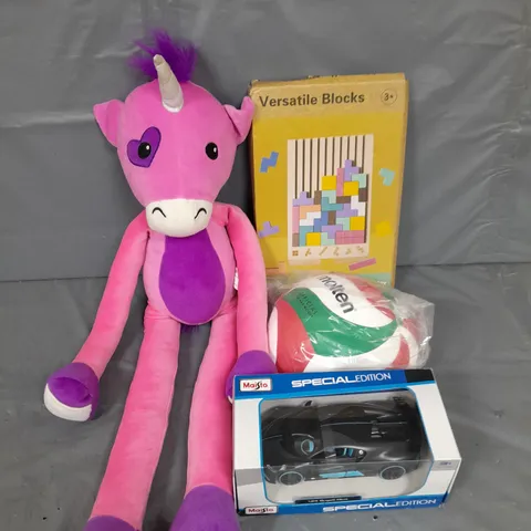 LARGE BOX OF APROXIMATELY 10 ASSORTED TOYS AND GAMES TO INCLUDE TEDDIES, REMOTE CONTROL CAR AND BALL