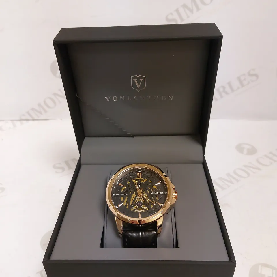 MENS VONLANTHEN AUTOMATIC SKELETON WATCH – V110 - GLASS EXHIBITION BACKCASE – BLACK LEATHER STRAP