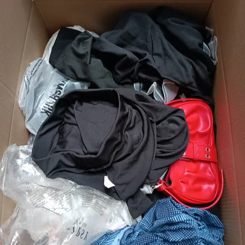 BOX OF APPROXIMATELY 25 ASSORTED CLOTHING ITEMS IN VARIOUS STYLES , COLOURS AND SIZES