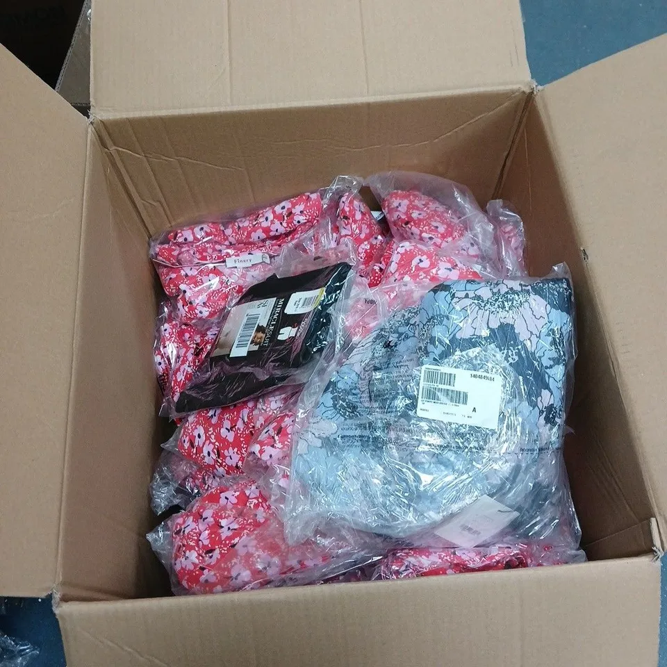 BOX OF APPROXIMATELY 30 ASSORTED CLOTHING ITEMS INCLUDING MIRACLESUIT SHAPING SIZE MEDIUM, FINERY RED DRESS SIZE 10 AND GREAT PLAINS MULTI COLOUR DRESS SIZE 10