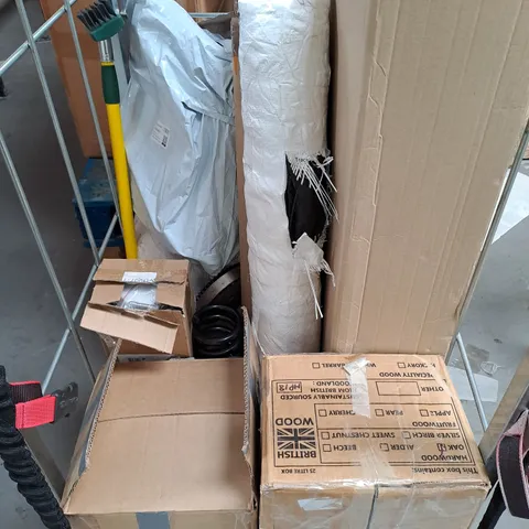 APPROXIMATELY 10 ASSORTED HOUSEHOLD PRODUCTS TO INCLUDE UMBRELLAS, VEHICLE PARTS, TRASH CAN ETC 