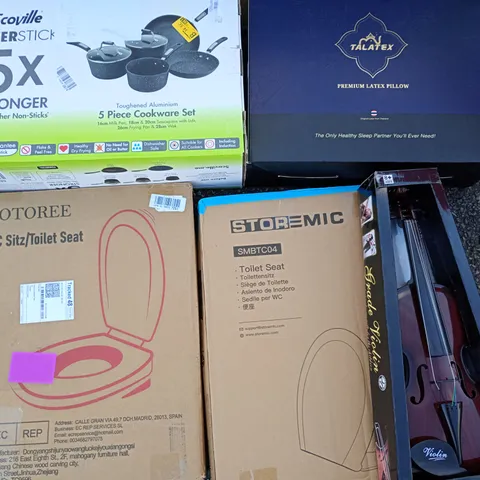 PALLET OF ASSORTED HOUSEHOLD ITEMS TO INCLUDE SCOVILLE PAN SET BOXED MIRROR AND VIOLIN 