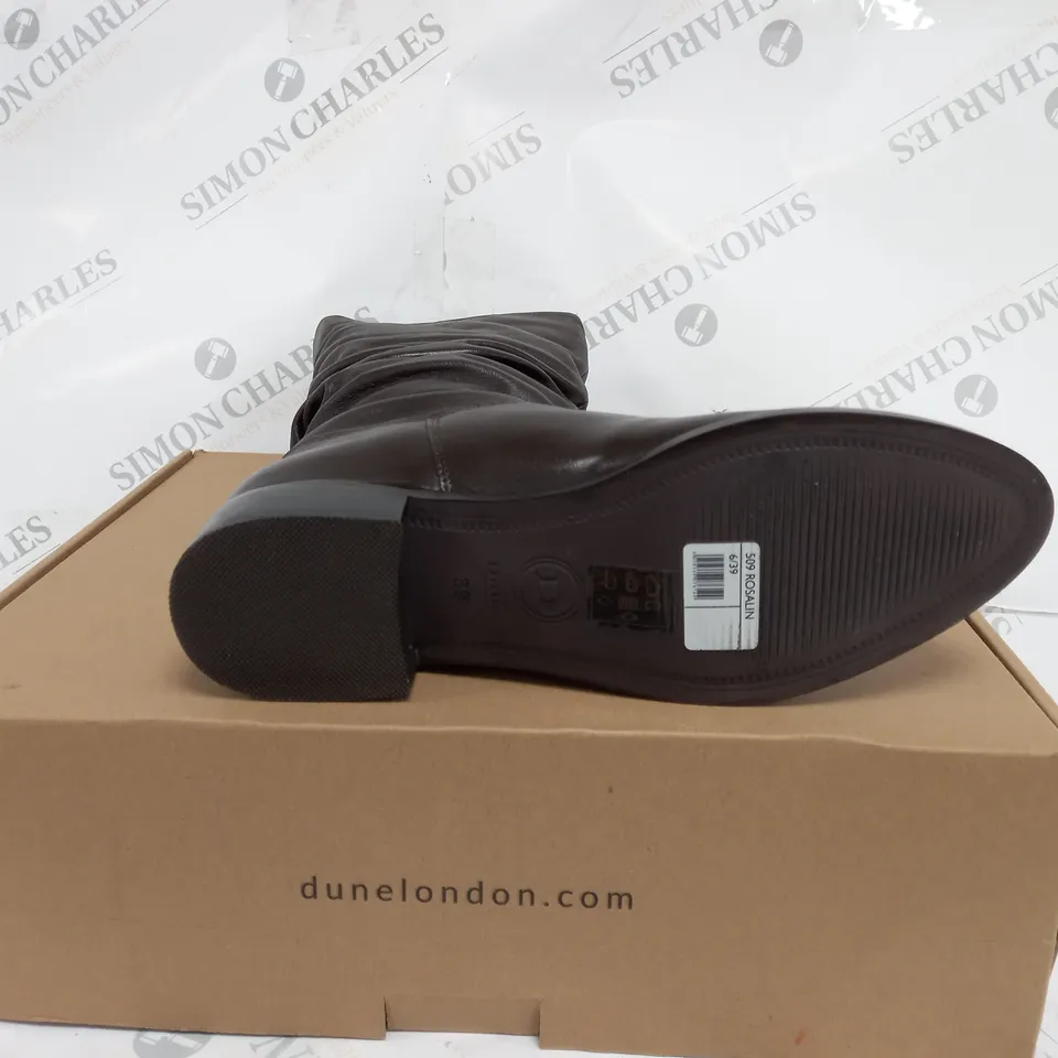 BOXED PAIR OF DUNE LONDON CALF BOOTS IN BROWN SIZE 6
