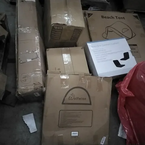 PALLET OF ASSORTED ITEMS INCLUDING WOLFWISE, BEACH TENT, ALL IN ONE COMFORT CUSHION, FIBREGLASS DUCT RUDDER
