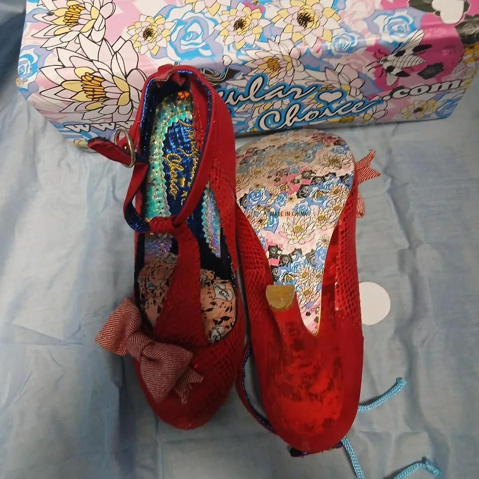 BOXED IRREGULAR CHOICE BLOXY RED MESH HIGH HEELS WITH BOW, UK 8