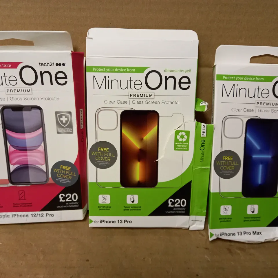 LOT OF 3 MINUTE ONE CLEAR CASES INCLUDING 1 FOR IPHONE 12/12 PRO, 1 FOR IPHONE 13 PRO, 1 FOR IPHONE 13 PRO MAX